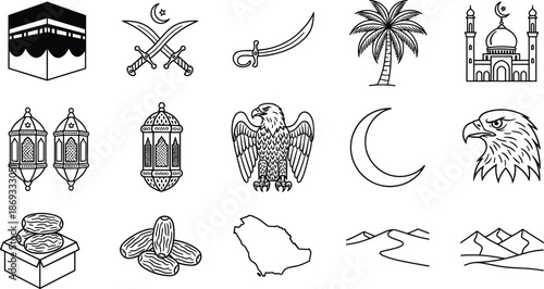 Islamic cultural icons including Kaaba, mosque, crescent moon, swords, lanterns, eagle, dates, desert, Saudi map, silhouette style, flat vector