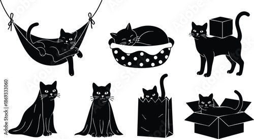 Black cat lounging in hammock sleeping in polka dot bed wearing cape peeking from sack and sitting inside open box playful pet collection silhouette style