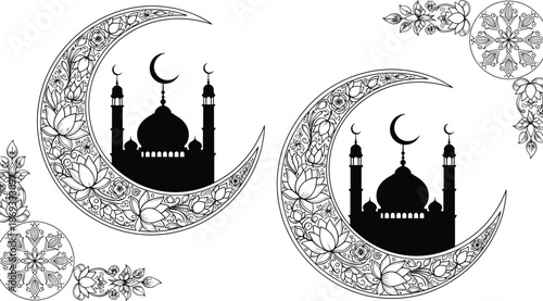 Islamic crescent moon with mosque silhouette, floral ornament design, Eid and Ramadan theme, decorative religious art, symmetrical layout, flat vector