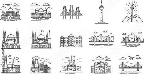 Architectural landmarks including mosque, bridge, tower, palace, factory, castle, fortress, hotel, cultural buildings, line art style, flat vector