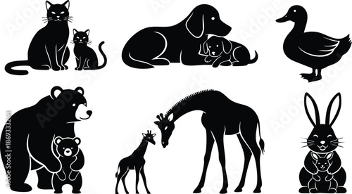Black silhouette vector art showing mother animals with babies including cat kitten dog puppy bear cub giraffe baby and rabbit bunny all in charming protective poses