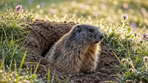 Cute groundhog with curious mood peeking out of hole representing spring prediction against sunny green grass background