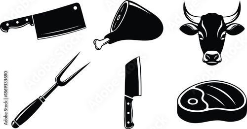 Black silhouette butchery tools and meat cuts including cleaver fork ham steak and cow head icon set in vector style isolated on white background