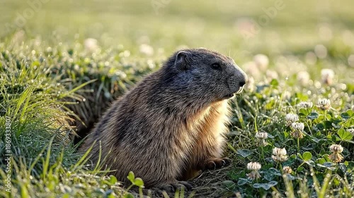 Groundhog sitting on grass surrounded by clover flowers  