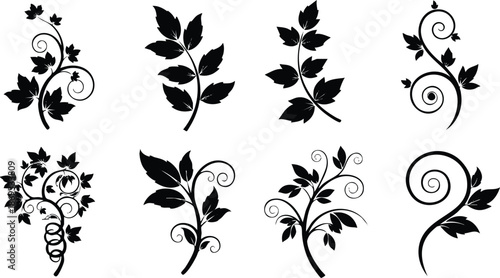 Black silhouette leaf and vine collection with curly tendrils and clustered foliage decorative botanical design elements natural organic shapes vector art