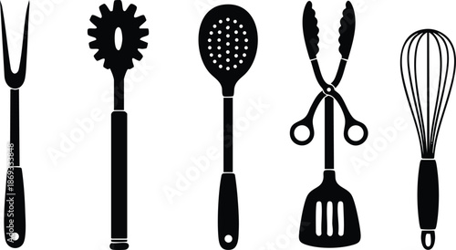 Black silhouette kitchen utensils set with fork pasta spoon slotted spoon tongs spatula and whisk vector isolated cooking and baking tools collection