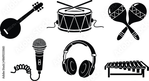 Silhouette style set of music instruments including banjo microphone drumsticks maracas headphones and xylophone isolated on white background vector art illustration