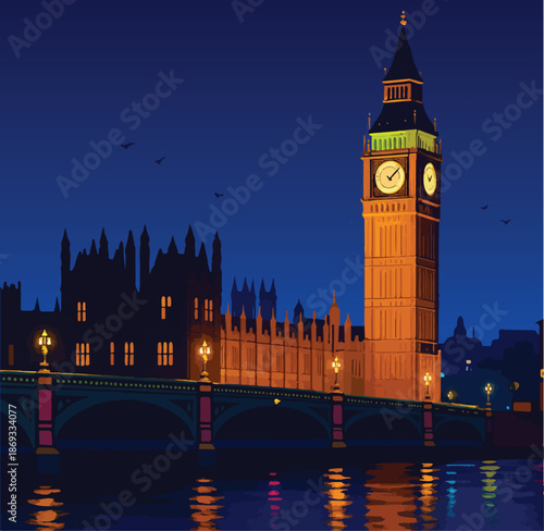 London Big Ben Night Illustration Cityscape Reflection Art
