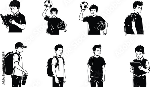Black and white vector art showing boys reading book holding basketball and soccer ball wearing backpack casual clothing standing and looking at camera and away
