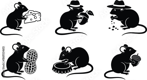 Silhouette vector art of six playful mice holding cheese peanuts acorns and bottle caps with one wearing hat in minimal black and white design