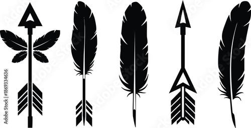 Black silhouette arrows and feathers in vector style arranged horizontally with different shapes and feather details isolated on white background for design