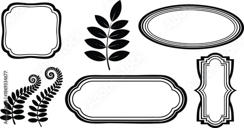 Black vintage decorative labels and elegant fern leaf silhouette set flat design ornamental borders and nature inspired botanical elements isolated on white background vector art illustration