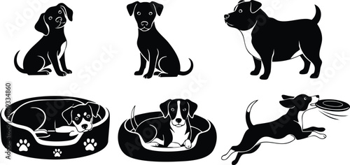 Black and white vector art of playful puppies in different poses including sitting lying down and fetching a frisbee with cartoon style silhouette icons set for pet design