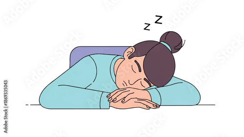 Exhausted Woman Sleeping at Desk with Head on Hands Flat Vector Illustration for Burnout and Office Fatigue