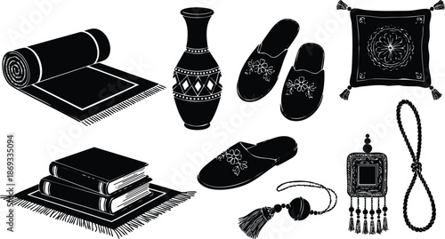 Black and white silhouette vector set of traditional home objects including rolled carpet stack of books soft slippers decorative vase tassel and ornamental pillow in ethnic style