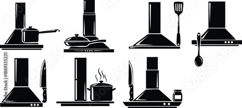 Black silhouette kitchen range hoods with cooking utensils and pots vector icons set showing knife spatula spoon and steaming pot side view on white background