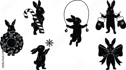 Black silhouette bunnies holding christmas wreath candy cane skipping rope mittens and bow festive holiday winter vector design icons collection