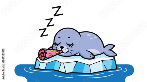 Cute Cartoon Seal Sleeping on Iceberg in Ocean with ZZZ Snore Symbols Vector Illustration
