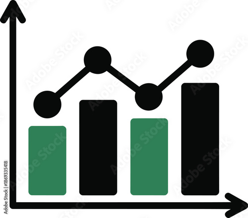 A simple bar chart displays alternating green and black columns beneath a rising trend line graph.