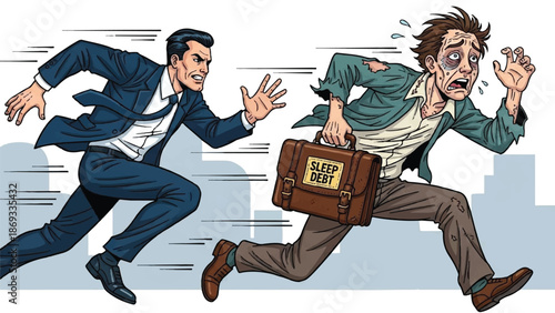 Businessman Chasing Man Carrying Sleep Debt Briefcase Comic Book Style Illustration for Workplace Stress and Burnout