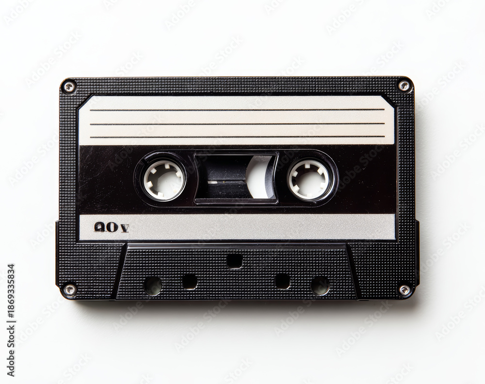 Obraz premium Black analog cassette tape with textured plastic casing and metallic reels, top view