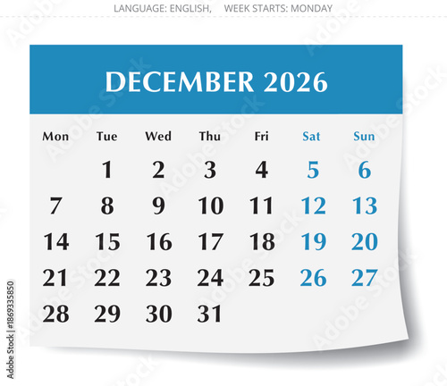 2026 year calendar for December month. Vector English monthly calendar page. Design Monday start