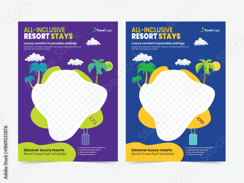Travel Agency Flyer Template with Airplane, Tropical Island and Vacation Concept.
