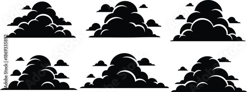 Black silhouette vector art of six different cloud shapes with small surrounding clouds in flat minimalist design isolated on white background