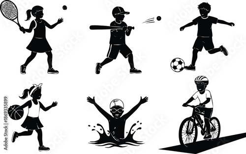 Silhouette vector art of children playing tennis baseball soccer basketball swimming and cycling in active poses with clear motion depiction on white background