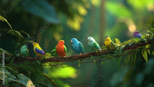Colorful Birds Perched on Branch