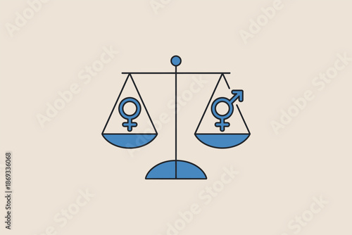 Scales of justice illustrate gender equality with female and male symbols balanced equally on the pans.