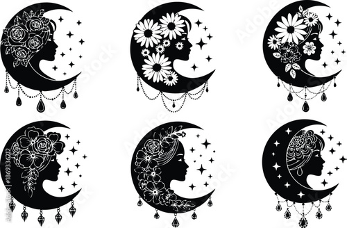 Elegant black and white vector silhouette profiles of women with floral crowns set inside crescent moons adorned with sparkling stars and hanging jewels in mystical decorative style