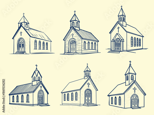 Minimal Wedding Chapel Line Art Illustration, Black and White Church Drawing