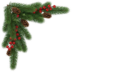 Christmas pine branch with holly berries and pine cones corner decoration png isolated transparent background
