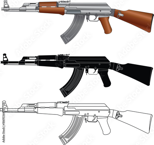 Vector illustration of an Ak47 assault rifle collection set. Ak47 vector illustration. 