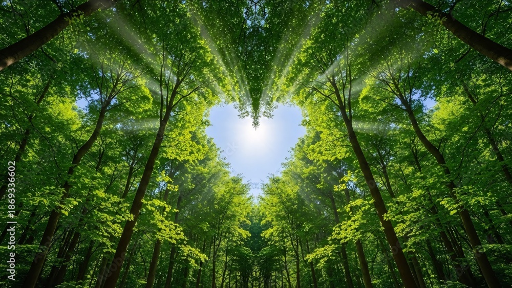 Fototapeta premium heart shaped opening formed by green forest canopy symbolizing love and nature connection