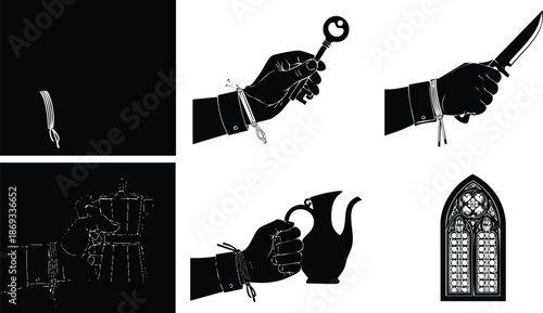 Black silhouette hands holding various objects including key knife coffee pot and pressing coffee maker with detailed gothic stained glass window vector art in minimalist style