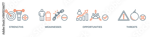 SWOT banner web icon vector illustration concept for strengths, weaknesses, threats and opportunities analysis with an icon of value, goal, break chain, low battery, growth, check, minus, and crisis