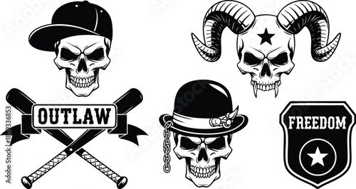 Black and white vector art featuring edgy skull with cap and crossed baseball bats outlaw emblem alongside horned skull with star tattoo and skull with bowler hat and chain vintage rage symbols