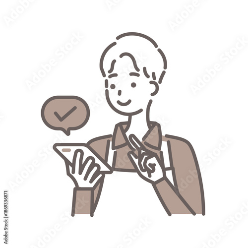 茶色のエプロンをつけた男性がスマートフォンを見つめるイラスト・シンプルな線画