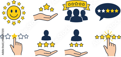 The image presents a collection of icons related to ratings and feedback.