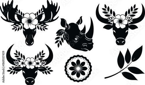 Black silhouette animal heads moose buffalo rhinoceros decorated with floral wreaths leaves and flowers flat vector art nature inspired design isolated on white background detailed minimal style