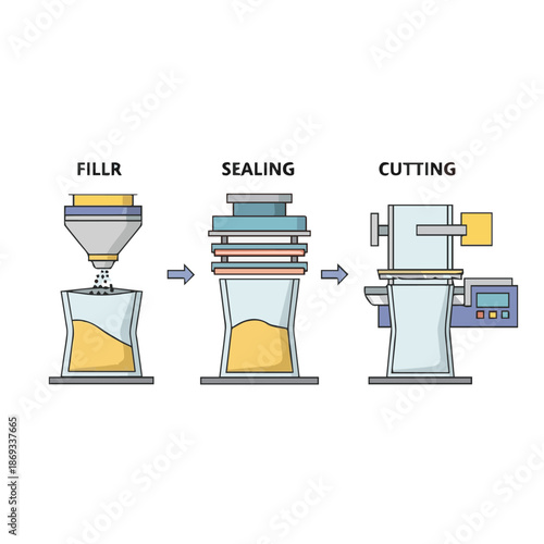 Vector illustration of an automated industrial packaging process, showcasing precise granule product filling into pouches, followed by secure sealing and final cutting operations