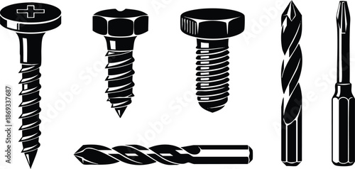 Black and white vector art showing close up of different screws and drill bits for construction hardware tools in flat design style isolated on white background