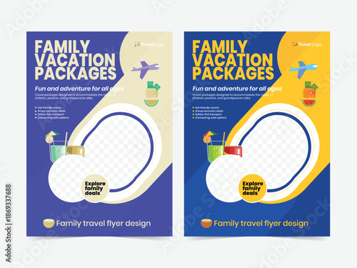 Travel Agency Flyer Template with Airplane, Tropical Island and Vacation Concept.