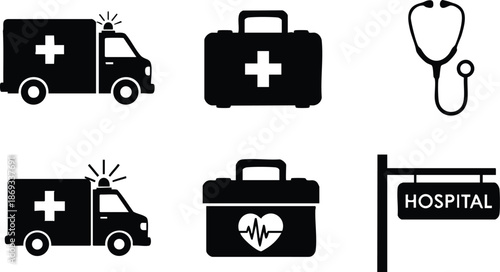 Minimalist medical vector icons set including ambulance side view with flashing light medical first aid kit stethoscope and hospital direction sign flat design elements