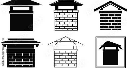 Black and white vector icons of various chimney tops with different roof designs and brick patterns isolated on white background detailed illustration set
