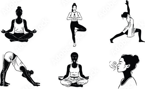 Black and white vector art of diverse women practicing yoga poses including lotus tree warrior downward dog meditation and deep breathing exercises in calm peaceful focus
