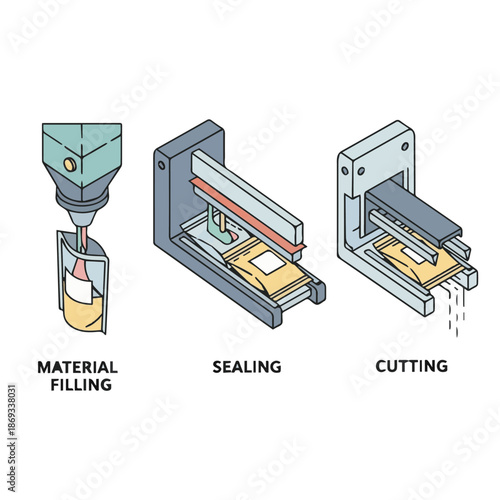 Automated flexible packaging production line illustrating material filling, heat sealing, and final pouch cutting process in an industrial setting