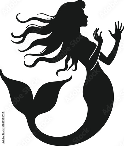 Elegant mermaid silhouette with flowing hair and graceful hands in a mythical pose